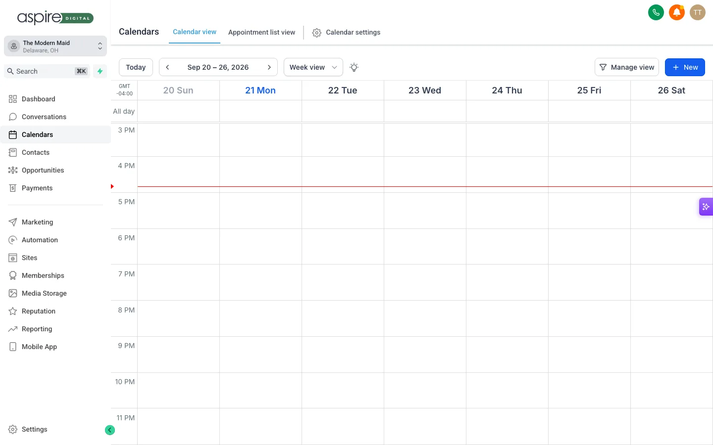 The Calendars & Booking view inside your Aspire hub