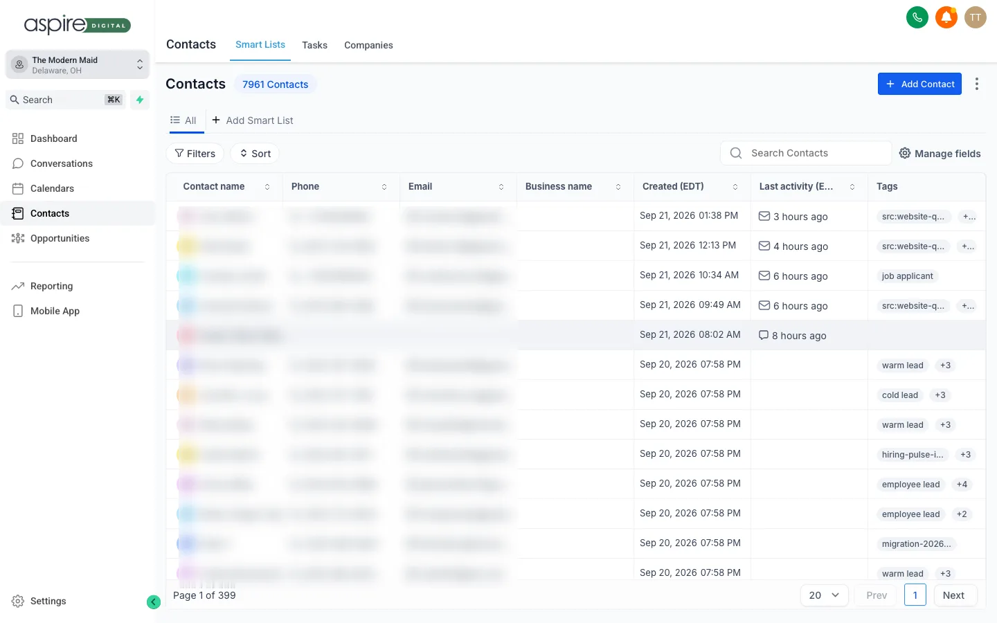 The Contacts view inside your Aspire hub