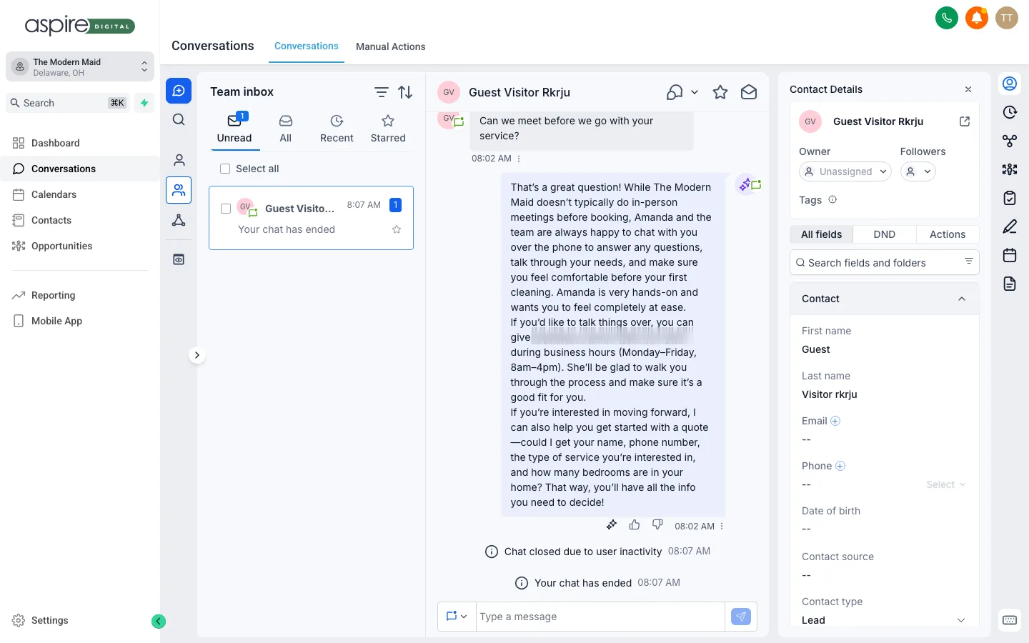The Conversations view inside your Aspire hub