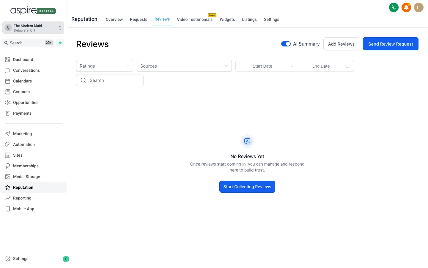 The Reviews & Reputation view inside your Aspire hub
