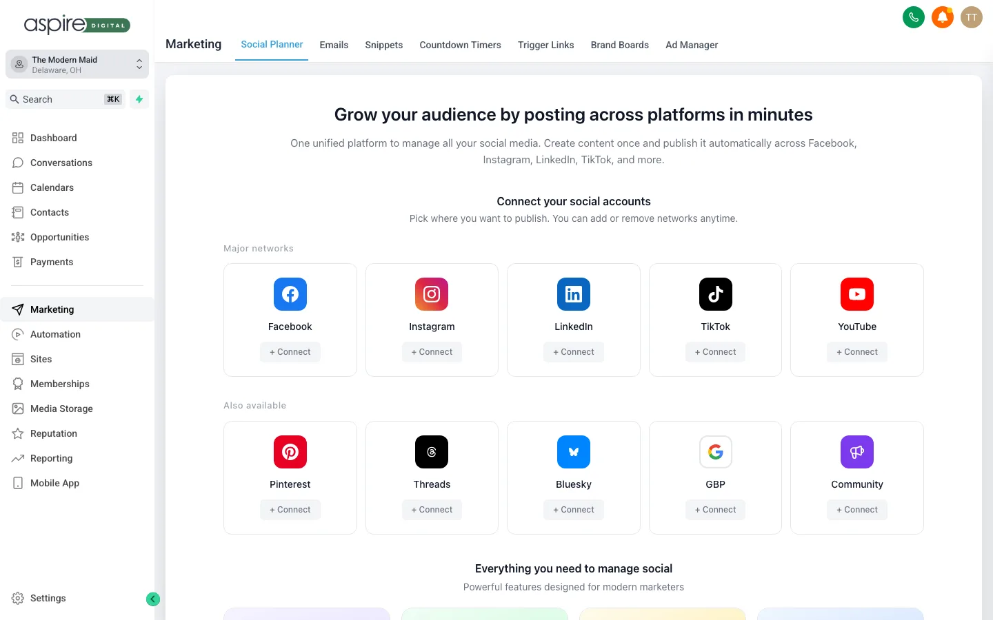 The Social Media view inside your Aspire hub